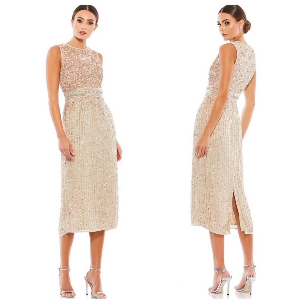 Mac Duggal Beaded Champagne Midi Dress